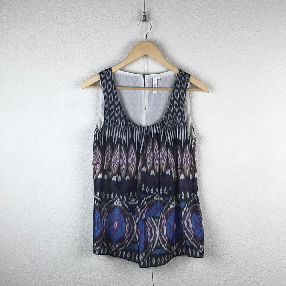 Anthropologie l S Sine Silk Bohemian Tribal Ikat Print Ruffle Layered Tank Top